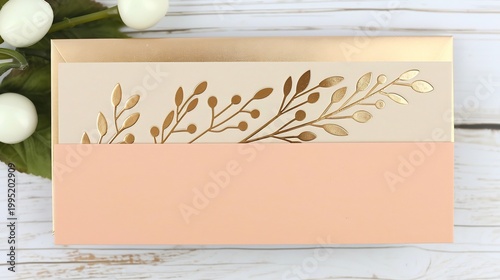 Elegant Peach and Gold Wedding Invitation Suite with Delicate Floral Accents, Flat Lay, Ideal for Stationery Mockups, Bridal Showers, and Event Branding