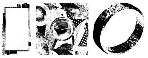 Rugged halftone design motifs, distressed graphic elements, punk style cutouts, urban street art textures, gritty.