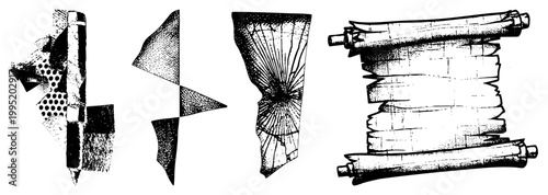 Stylized graphic composition featuring broken forms, shattered, and distressed surfaces ideal for avant garde design or experimental art layouts.