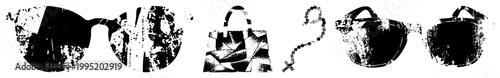 Distressed graphic symbols for fashion and kitchenware, including sunnies, purse, pendant, brew pot, and tea kettle stylized flat design with noise effects.