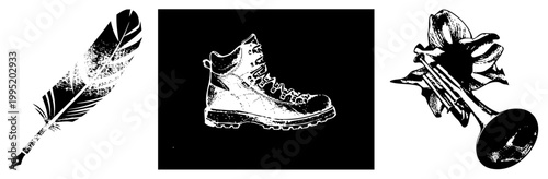 Black and white graphic set featuring a quill pen, trekking boot, and trumpet adorned with flower also known as ink nib, hiking footwear, brass wind instrument.