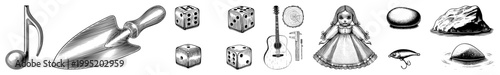 Black and white engraved clipart eighth note, trowel, dice, guitar, doll, lure, river stones. Etched art or woodcut style.