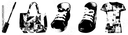 Distressed graphic set featuring beauty tool, shopping sack, athletic footwear, casual apparel stylized cutouts for digital design or merch printing.