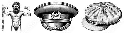 Retro engraved artwork depicting a bearded bodybuilder flexing, officer’s peaked cap with star emblem, and newsboy cap detailed halftone vector graphics for print or digital use.