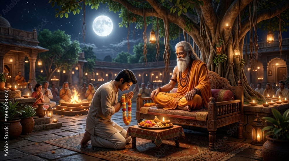 Fototapeta premium Worship and Reflection on Purnima Night with Sage in Serenity