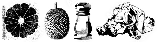 Black and white halftone graphics depicting sliced orange, spiky durian fruit, glass condiment shaker, rumpled paper retro engraving aesthetic, vintage print style.