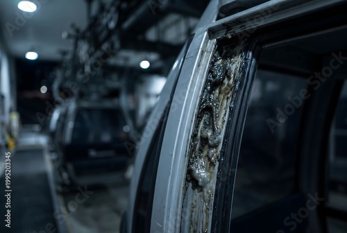 Macro close-up of a ski gondola door seal recess filled with coagulated grease and anti-freeze