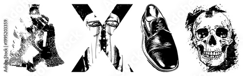 Distressed graphics skull, shoe, shirt, abstract silhouette perfect for punk, goth, edgy designs. Also called grunge, halftone illustrations.