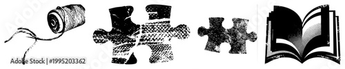 Stylized spool, puzzle pieces, open book great for print, education, retro visuals. Alt halftone illustrations, vintage set.