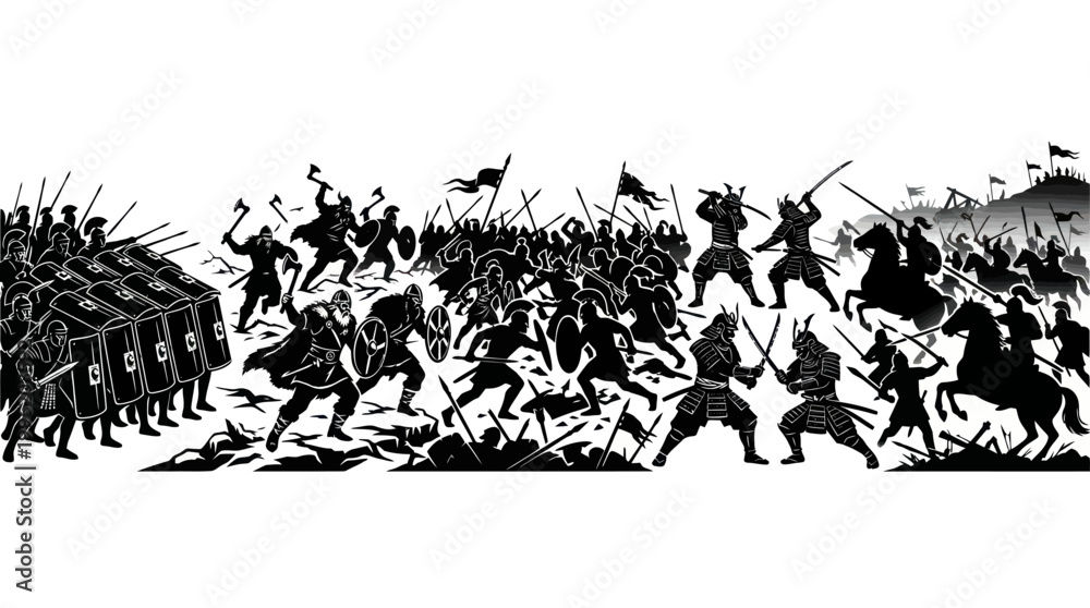 Obraz premium Epic Samurai vs Viking Battle Silhouette, Historical Combat Art