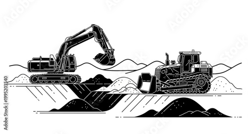 Construction Excavator and Bulldozer Working on Site.