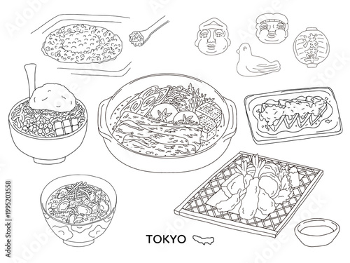 東京の和食バリエーション｜天ぷら・深川丼・もんじゃ焼き・すきやき　日本の人気料理セットイラスト