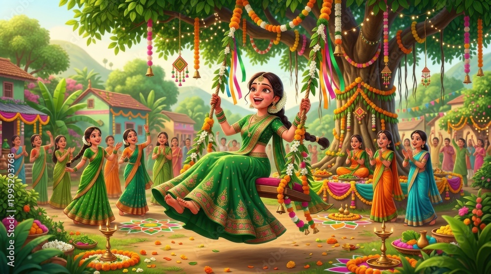 Fototapeta premium Celebrating Teej Holiday with Colorful Decorations and Traditional Attire