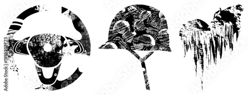 Rugged automotive rendered in gritty halftone style steering wheel, racing helmet, icicles ideal for edgy designs or punk inspired branding.