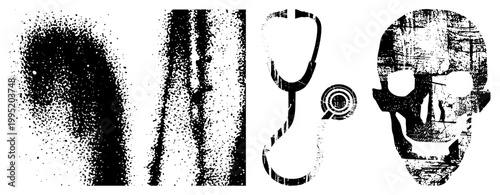 Distressed medical symbols including anatomical skull and stethoscope rendered in gritty halftone style also known as punk medical glyphs or distressed healthcare.