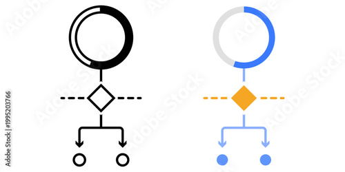 Confidence threshold decision symbol. Percentage gauge linked to decision node with limit marker. AI confidence based decision concept. Simple geometric illustration.