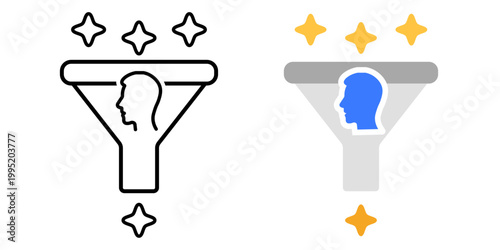 Trust filtering process symbol. AI output passing through funnel with human node. Human trust validation of AI results concept. Simple geometric illustration.
