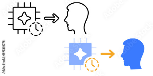Timeout escalation symbol. AI process delayed with clock leading to human fallback path. Decision timeout to human concept. Simple geometric illustration.