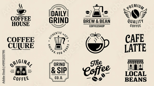 A collection of coffee shop logos and signs with various typography on a beige background
