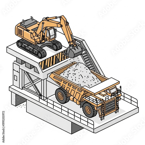 Construction Excavator Loading Gravel onto Truck.