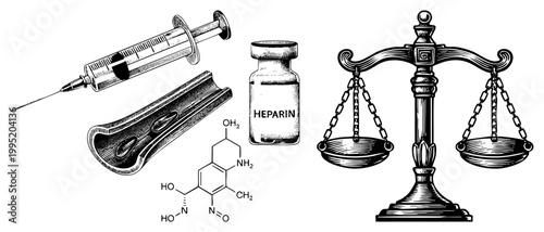 Heparin anticoagulant vial paired with syringe, molecular diagram, and justice scales thrombolytic agent, blood thinner, coagulation inhibitor, legal medicine.