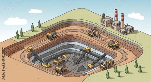 Construction Site Excavation with Heavy Machinery and Workers.