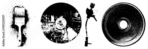 Graphic design elements rendered in halftone style stippled brush, mechanical cog, jointed mannequin, radial plate ideal for retro print or industrial motifs.