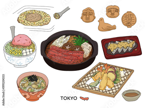 東京の和食バリエーション｜天ぷら・深川丼・もんじゃ焼き・すきやき　日本の人気料理セットイラスト
