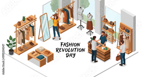 Isometric illustration depicting Fashion Revolution Day, showcasing a sustainable fashion concept within a brightly lit boutique setting, complete with racks of eco friendly clothing