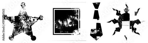 Stylized silhouette assemblage, deconstructed body art, glitched anthropomorphic forms using high contrast textures and pixel distortion effects.