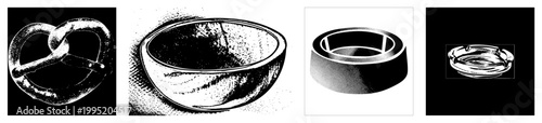 halftone graphics of pretzel, bowl, ring, ashtray stylized cutouts with dot, for print/digital. Alt stippled, rasterized silhouettes.