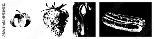 Stippled graphic set featuring, strawberry, spoon, and hotdog food rendered in vintage print style for retro design applications.