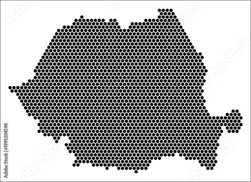 Romania hexagon map. Plain black and white dotted shape template. Country tiny hexagon cells. Romania flat honeycomb template. Vector Illustration.