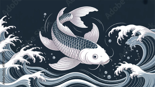 A detailed illustration of a large koi fish swimming through turbulent waves in water