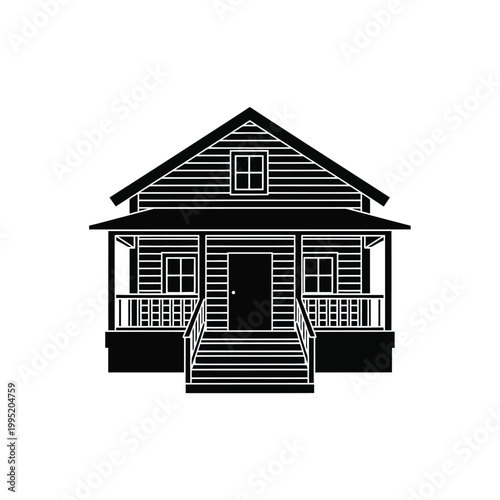 Small house with porch and stairs.