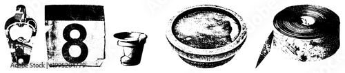 Black and white halftone illustration of everyday items, including a bottle opener, date marker, drinking vessel, container, and adhesive tape rendered in glyph style for print or web use.