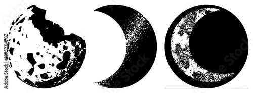 Moon phase illustrations featuring cratered surface, silhouette, and stippled texture ideal for astronomy, astrological, or cosmic themed designs.