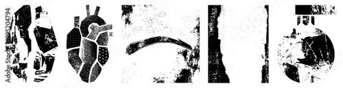 Stylized anatomical cutouts and textured glyphs, including heart, eyebrow, and geometric shapes fragmented halftone illustrations, deconstructed organic forms.