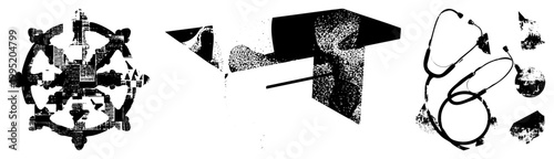 Buddhist Dharmachakra symbol, academic mortarboard, medical stethoscope rendered in halftone vector style also called dharma wheel, graduation hat, diagnostic scope.