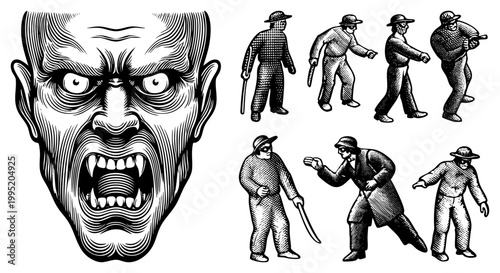 Gothic horror vampire head with sharp fangs, snarling expression accompanied by retro mobster silhouettes wielding knives, hats, trench coats eerie noir illustration.