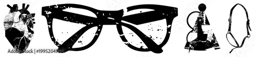 Distressed black and white graphic elements including anatomical heart, shattered eyewear, stylized human form, and restraint strap ideal for edgy design projects or punk themed visuals.