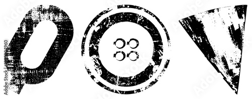 Rugged vector glyphs featuring a stylized Q, sewn button, and angular triangle ideal for vintage branding or distressed UI elements. weathered symbols, retro graphic.