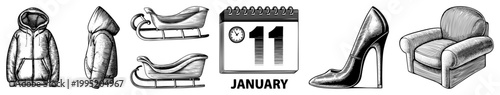 Black and white engraved vector illustrations featuring casual, vintage sled, calendar page, stiletto heel, lounge armchair also called art, etched graphics, sketch style symbols.