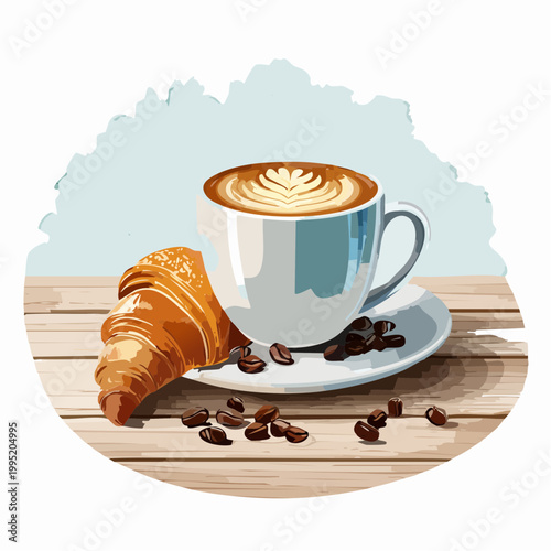 水彩画で描かれたコーヒーとクロワッサンのイラスト