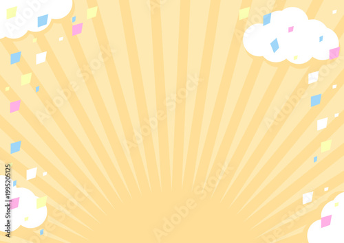 オレンジ色の背景フレーム、雲、集中線、紙吹雪のデコレーション