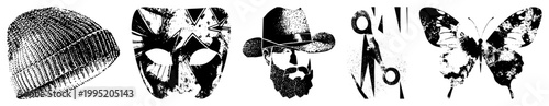 Halftone style vector featuring knit cap, masquerade mask, bearded cowboy, hairdressing shears, and winged insect glyph symbols for branding or UI design.