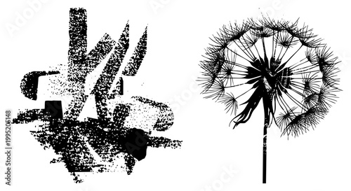 Stylized dandelion clock in stippled halftone, blowball flower silhouette, wind dispersed seed pod, botanical illustration, graphic design element.