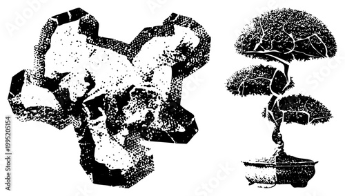 Stylized bonsai illustration with stippled texture, miniature tree art, dwarf tree design abstract rock silhouette, craggy stone form, rugged mineral.