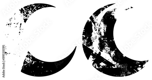 Weathered lunar symbols, distressed moon graphics, abstract celestial shapes, vintage astral emblems, textured night sky motifs.