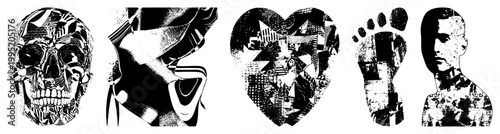 Stylized graphic symbols rendered in halftone vector format, including, anatomical foot, human silhouette, heart shape ideal for punk, goth, or urban design contexts.